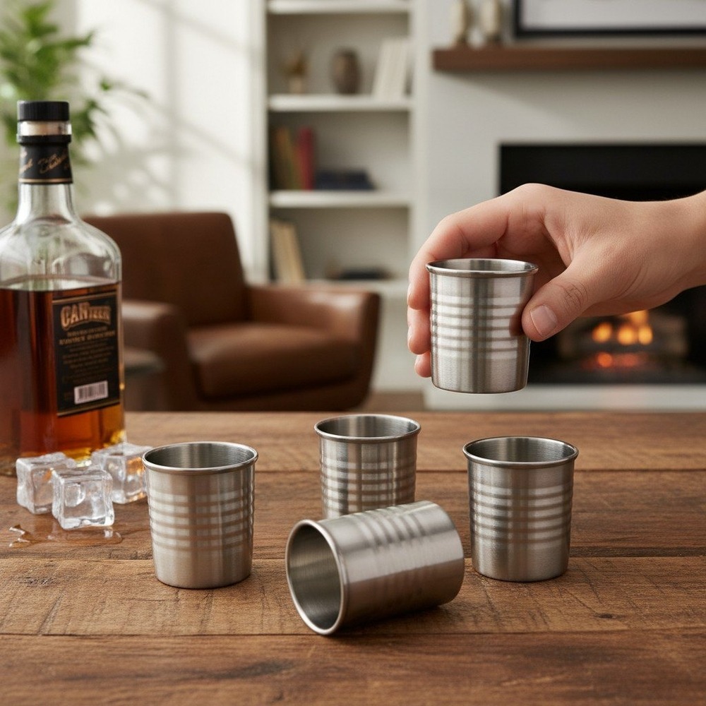 Barbuzzo Canteen Shot Glasses 4pc Stainless Steel Silver Set New